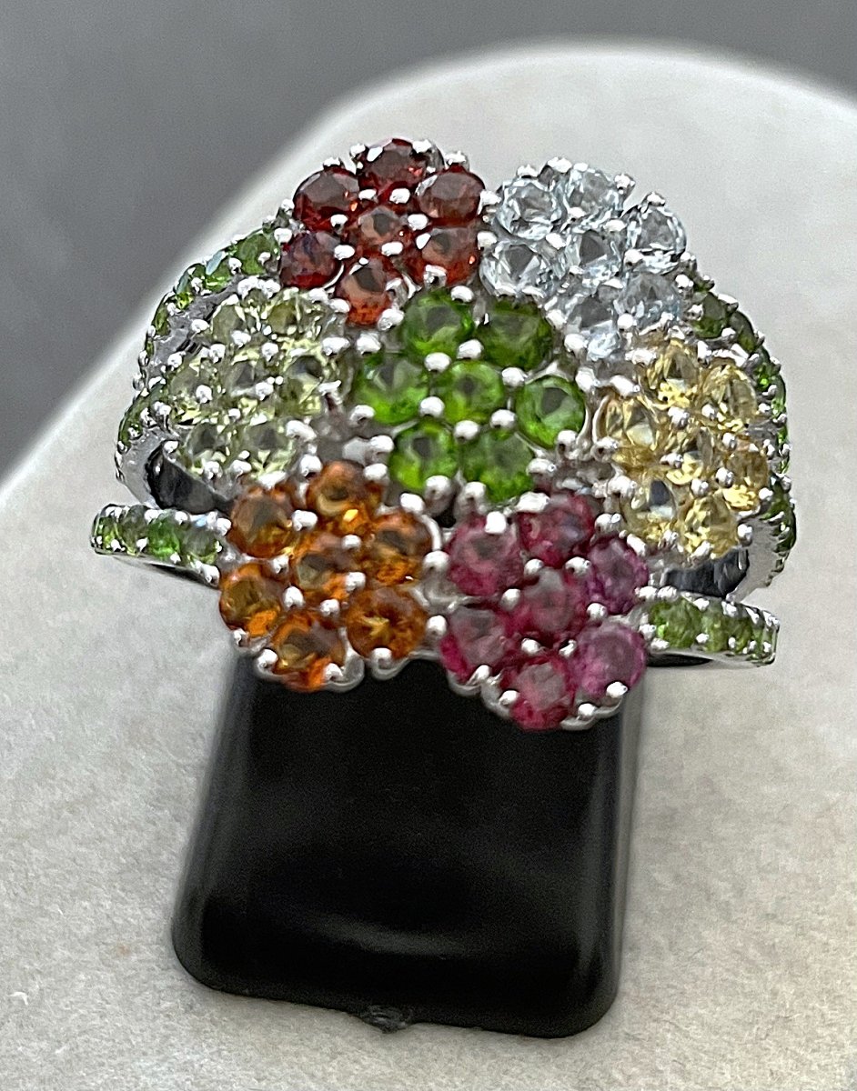 "tutti Frutti" Ring, 925 Sterling Silver — Peridot, Citrine, Topaz, Amethyst, Garnet — 20th Century-photo-1