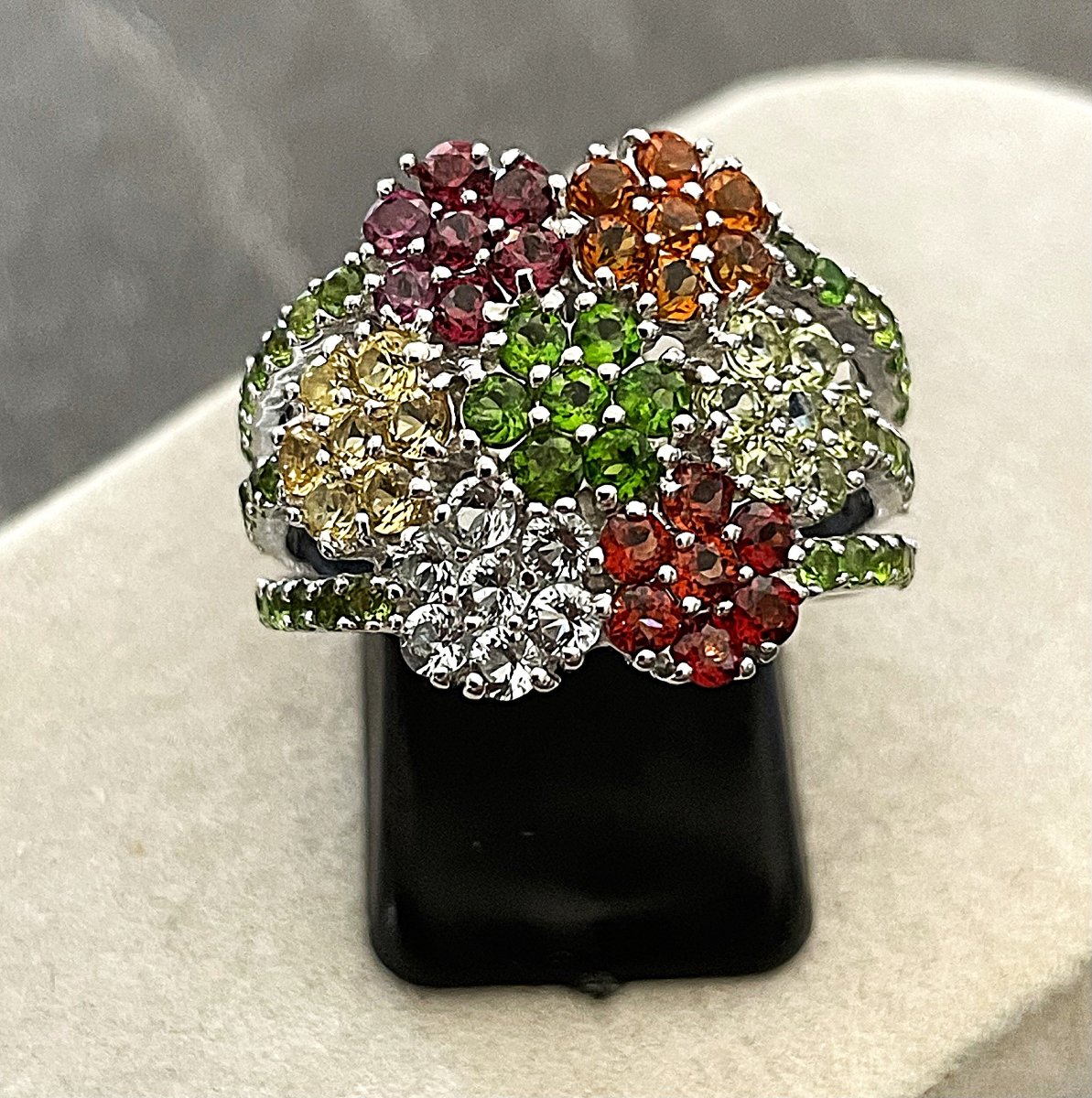 "tutti Frutti" Ring, 925 Sterling Silver — Peridot, Citrine, Topaz, Amethyst, Garnet — 20th Century-photo-3