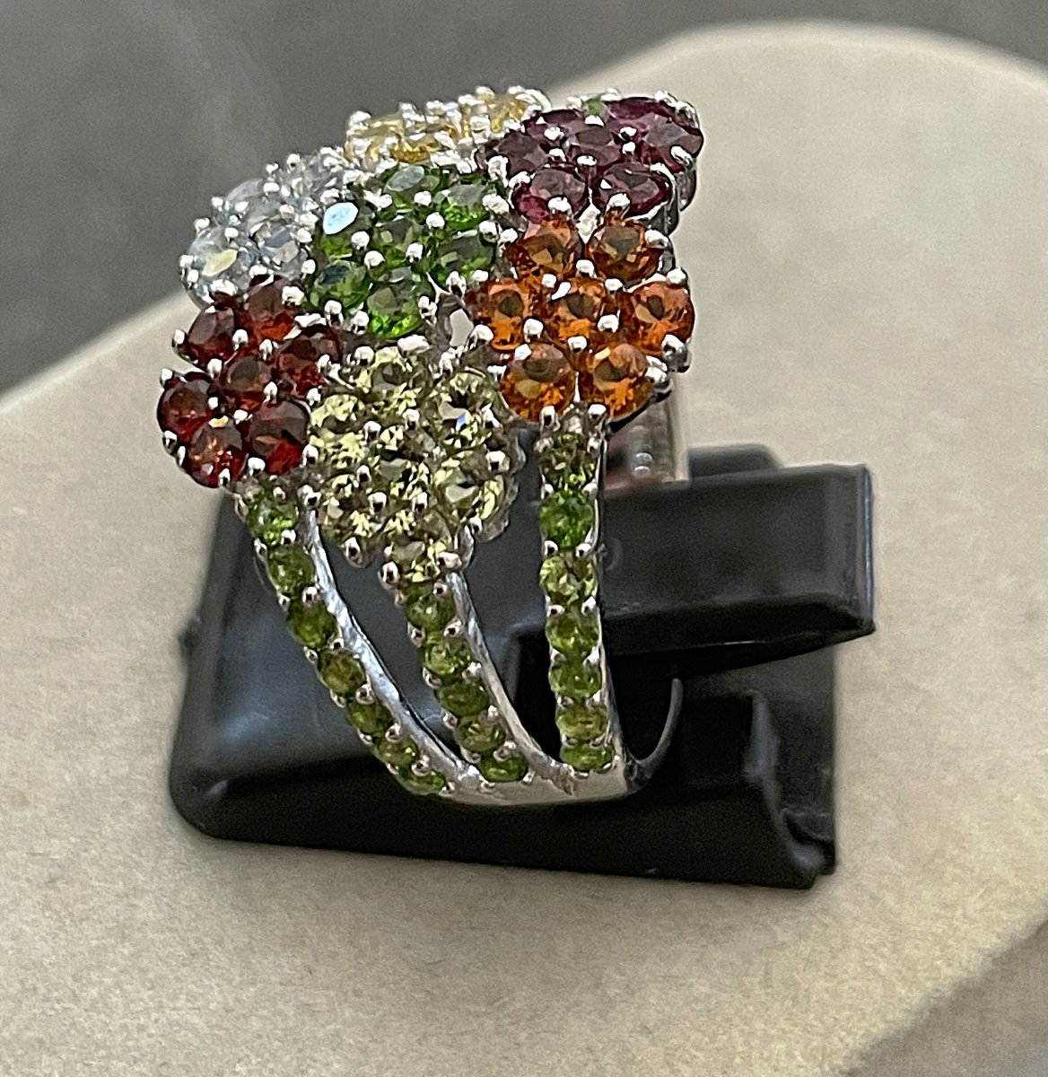 "tutti Frutti" Ring, 925 Sterling Silver — Peridot, Citrine, Topaz, Amethyst, Garnet — 20th Century-photo-4