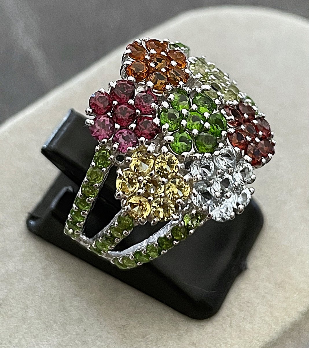 "tutti Frutti" Ring, 925 Sterling Silver — Peridot, Citrine, Topaz, Amethyst, Garnet — 20th Century