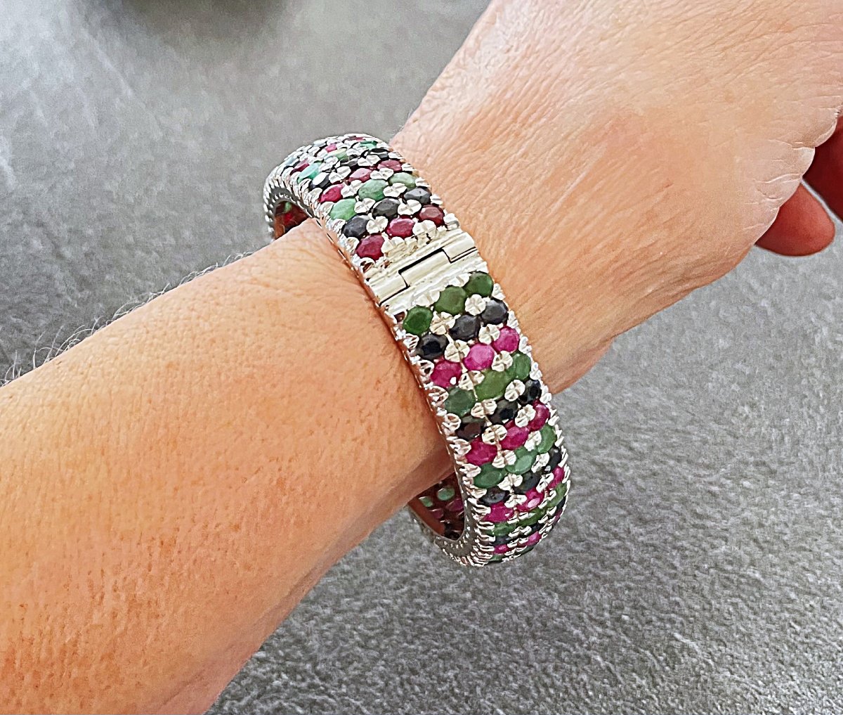925 Sterling Silver Bracelet Set With 48.6 Cts Of Ruby, Sapphire, And Emerald—161 Stones—20th Century-photo-4