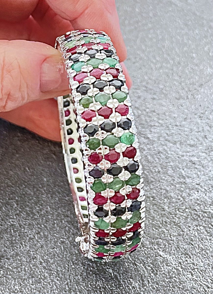 925 Sterling Silver Bracelet Set With 48.6 Cts Of Ruby, Sapphire, And Emerald—161 Stones—20th Century-photo-1