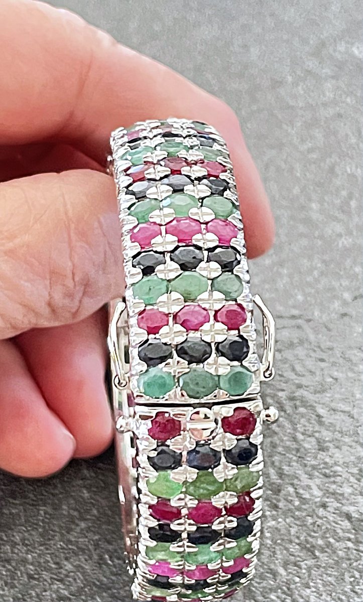 925 Sterling Silver Bracelet Set With 48.6 Cts Of Ruby, Sapphire, And Emerald—161 Stones—20th Century-photo-2