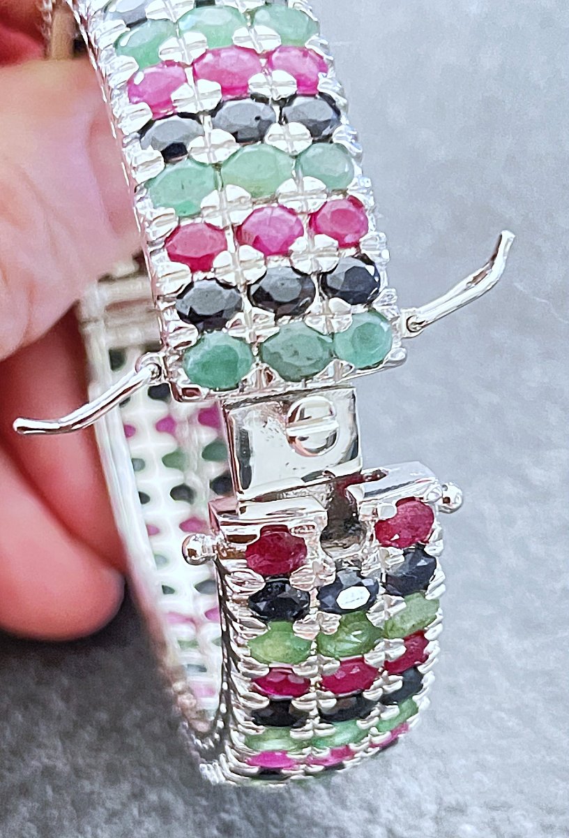 925 Sterling Silver Bracelet Set With 48.6 Cts Of Ruby, Sapphire, And Emerald—161 Stones—20th Century-photo-3