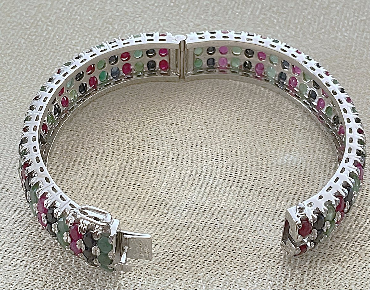 925 Sterling Silver Bracelet Set With 48.6 Cts Of Ruby, Sapphire, And Emerald—161 Stones—20th Century-photo-5