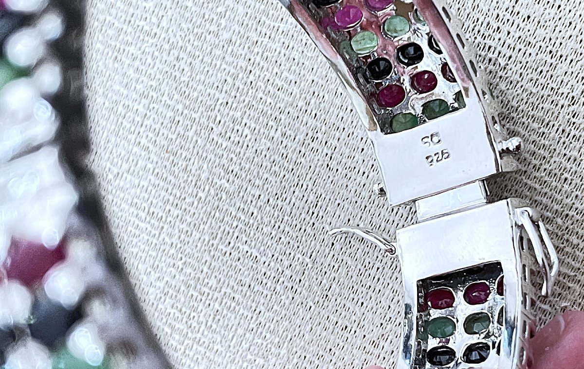 925 Sterling Silver Bracelet Set With 48.6 Cts Of Ruby, Sapphire, And Emerald—161 Stones—20th Century-photo-6