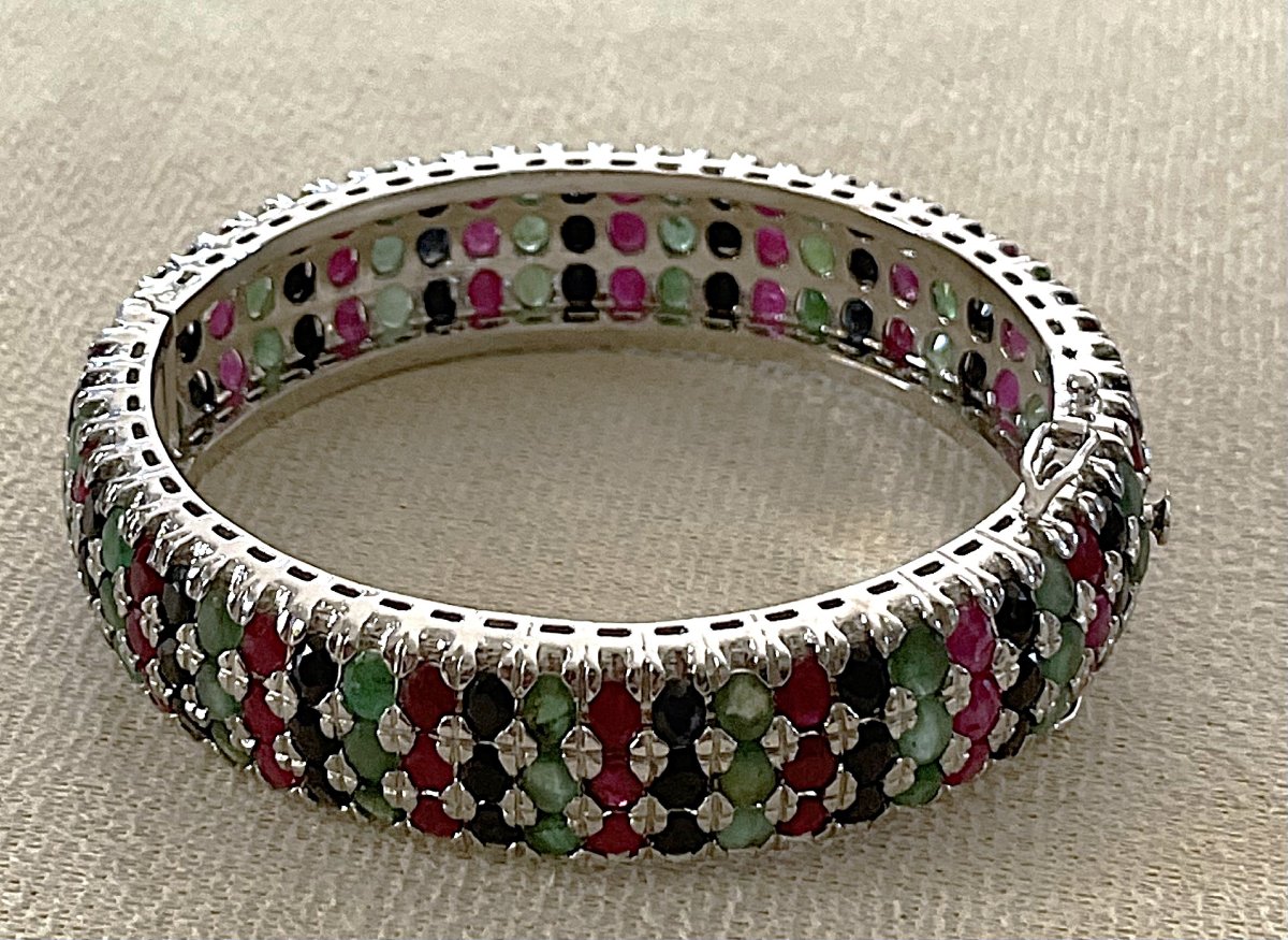 925 Sterling Silver Bracelet Set With 48.6 Cts Of Ruby, Sapphire, And Emerald—161 Stones—20th Century-photo-7