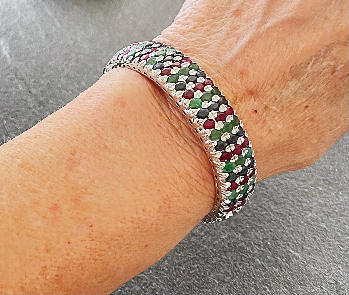 925 Sterling Silver Bracelet Set With 48.6 Cts Of Ruby, Sapphire, And Emerald—161 Stones—20th Century