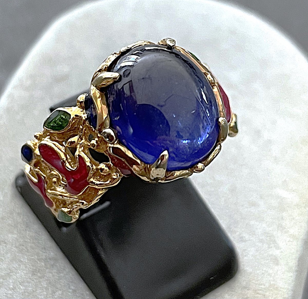 925 Sterling Silver Vermeil Ring - 8.7 Carats Oval Cabochon Sapphire - 20th Century-photo-2