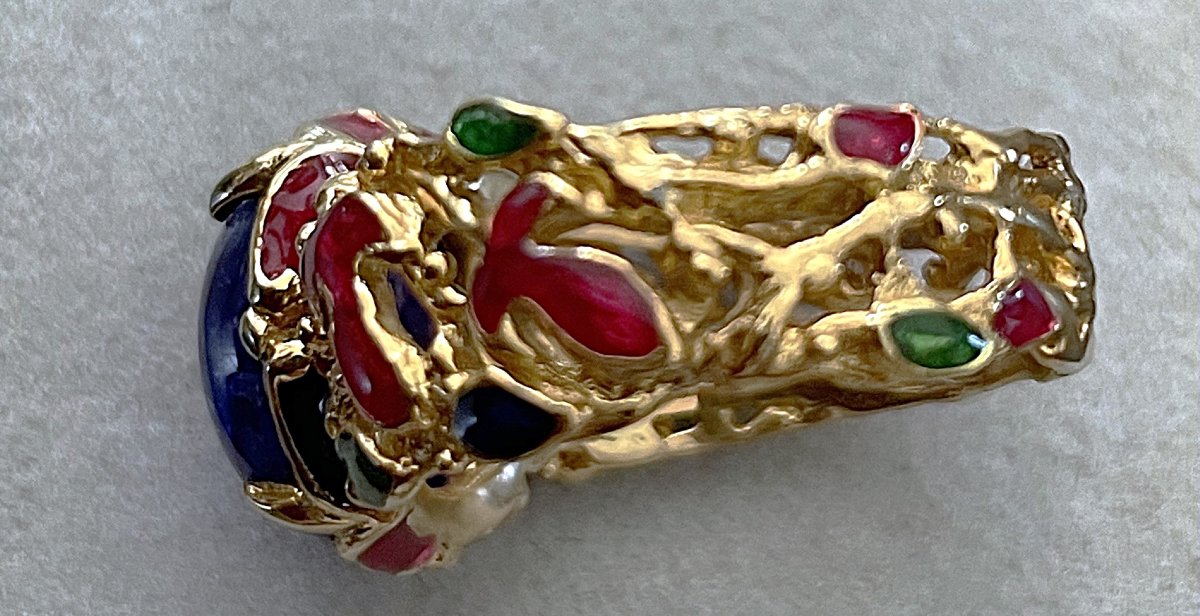 925 Sterling Silver Vermeil Ring - 8.7 Carats Oval Cabochon Sapphire - 20th Century-photo-2