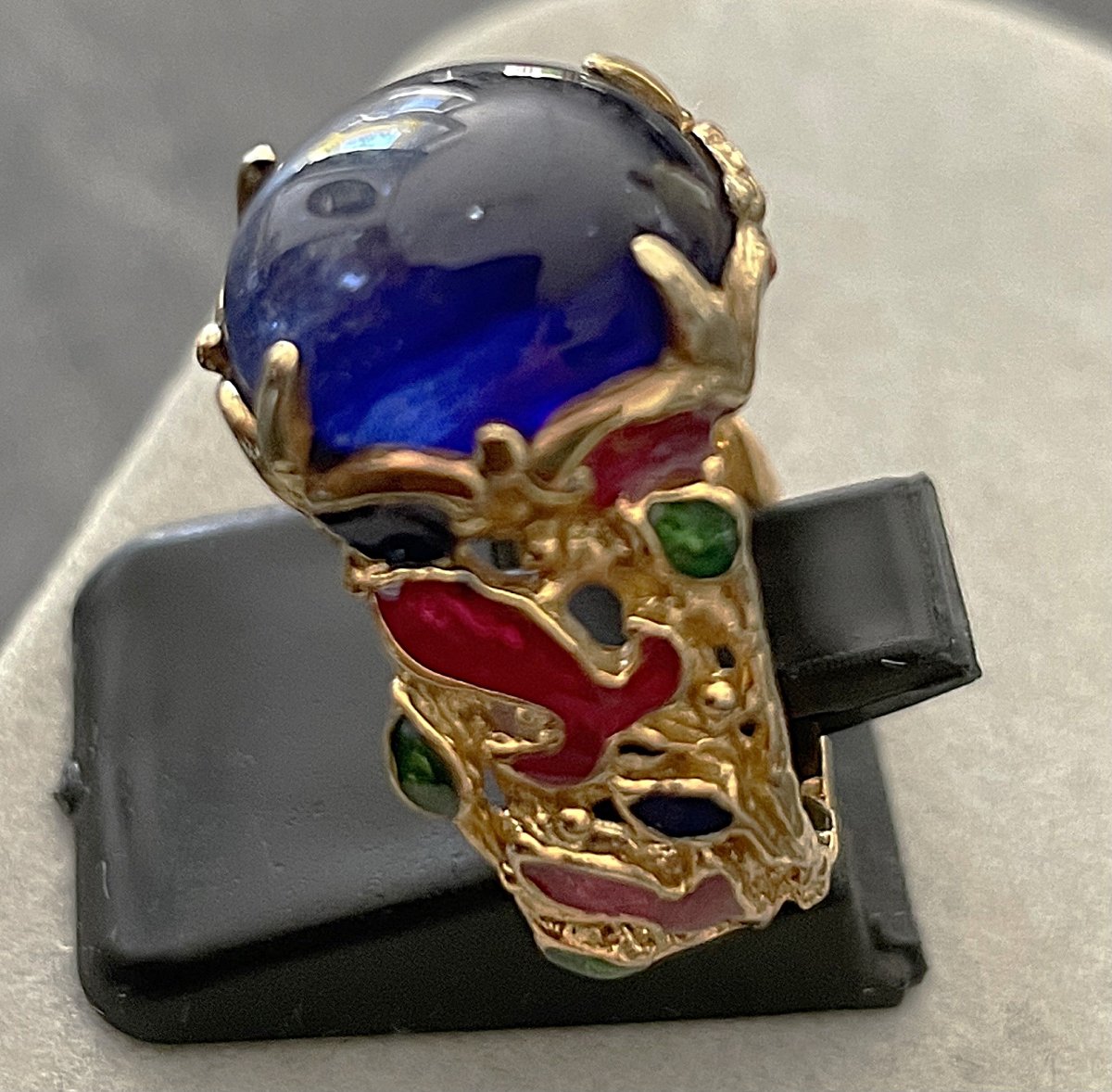 925 Sterling Silver Vermeil Ring - 8.7 Carats Oval Cabochon Sapphire - 20th Century