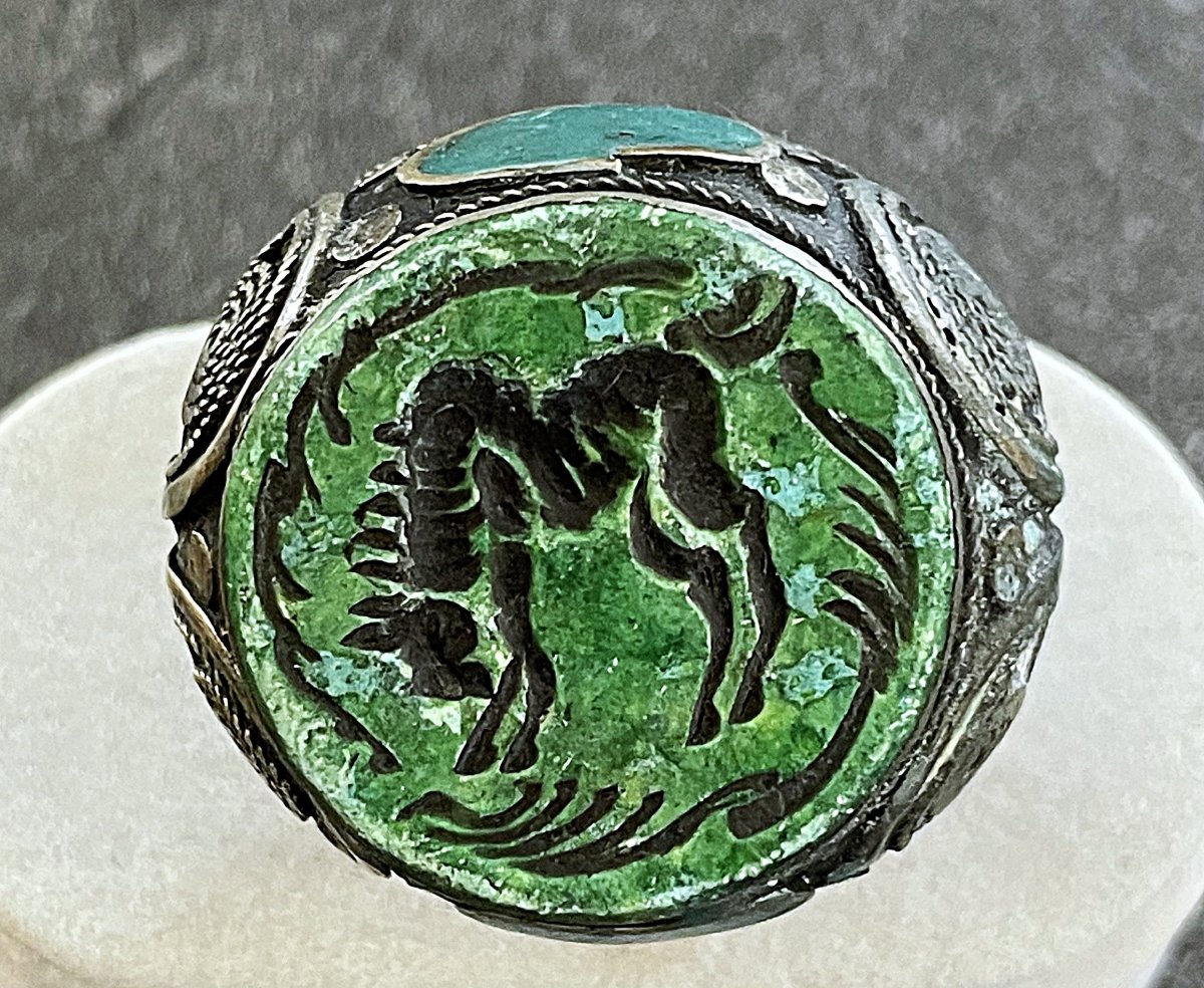 Silver-plated Metal Seal Ring - Engraved - Central Asia - 19th–20th Centuries-photo-2