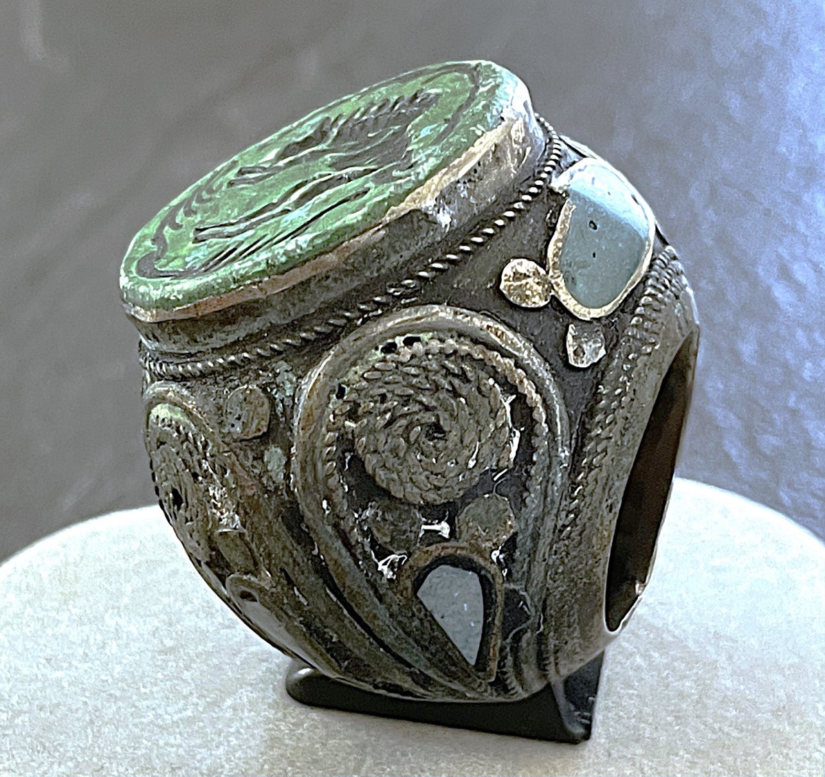 Silver-plated Metal Seal Ring - Engraved - Central Asia - 19th–20th Centuries-photo-3