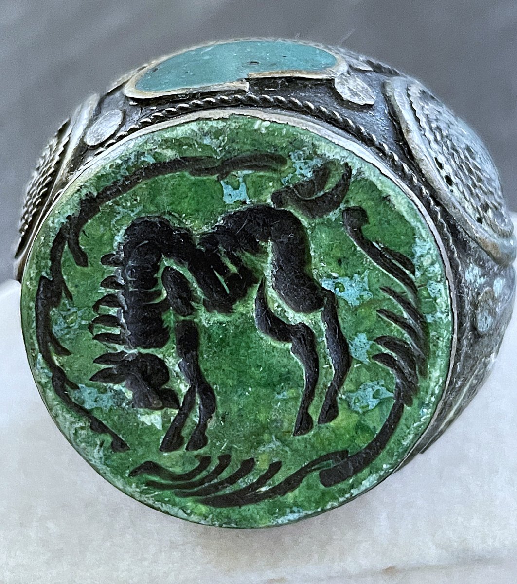 Silver-plated Metal Seal Ring - Engraved - Central Asia - 19th–20th Centuries-photo-3