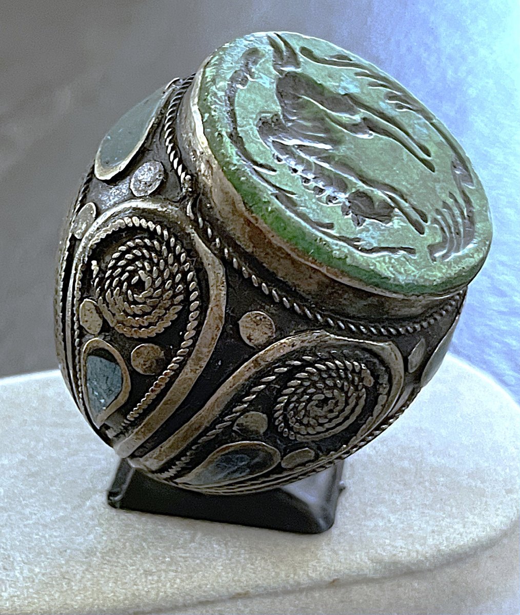 Silver-plated Metal Seal Ring - Engraved - Central Asia - 19th–20th Centuries