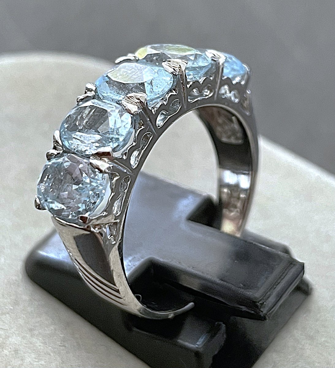 925 Sterling Silver Ring - Set With 5 Blue Topazes - 20th Century-photo-4