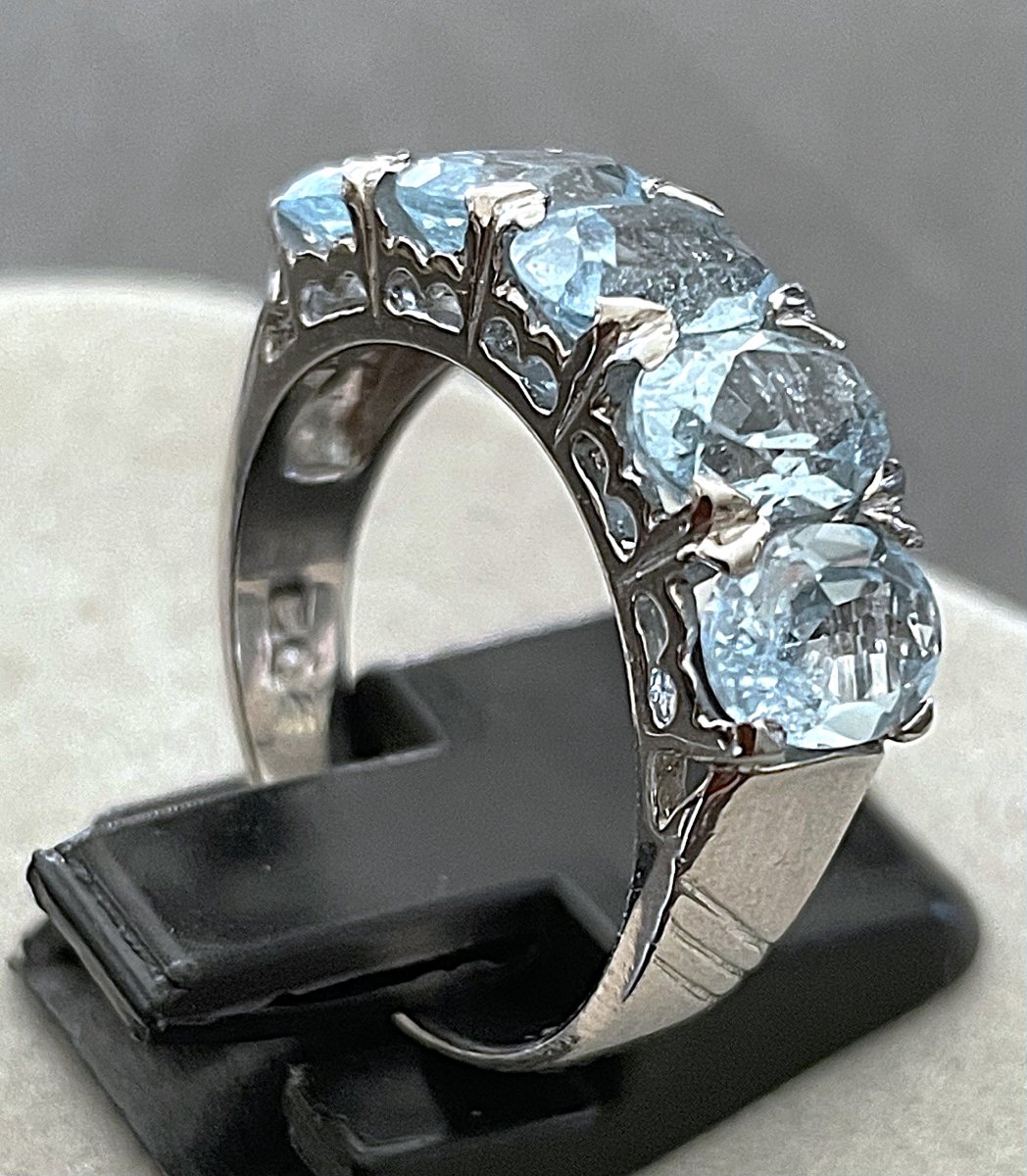 925 Sterling Silver Ring - Set With 5 Blue Topazes - 20th Century
