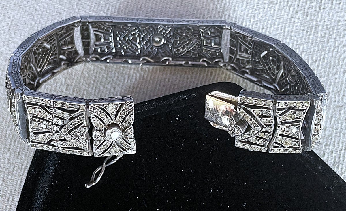 Art Deco Clasp Bracelet - Silver & Gold & Gemstones - Circa 1920-photo-4
