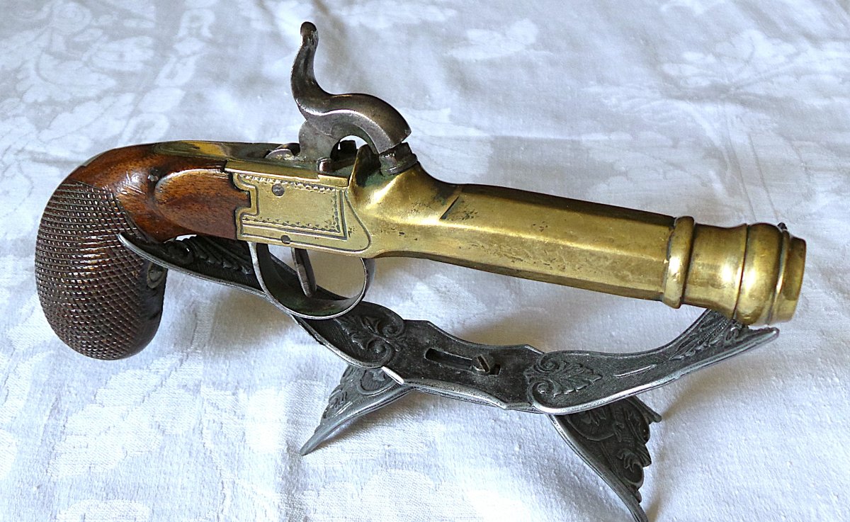 PISTOLET A COFFRE & A PERCUSSION DE MARINE -CAL: 12 mm - VERS 1840 - XIX°-photo-2