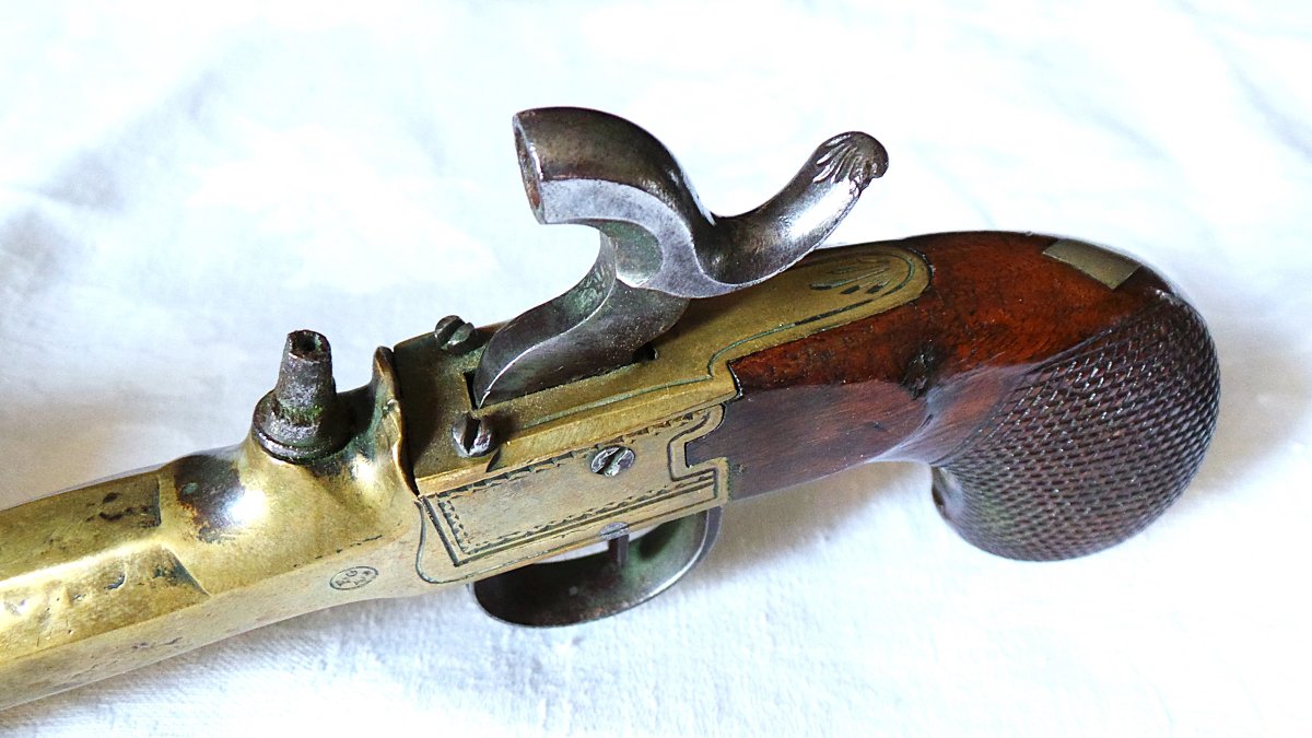 PISTOLET A COFFRE & A PERCUSSION DE MARINE -CAL: 12 mm - VERS 1840 - XIX°-photo-4