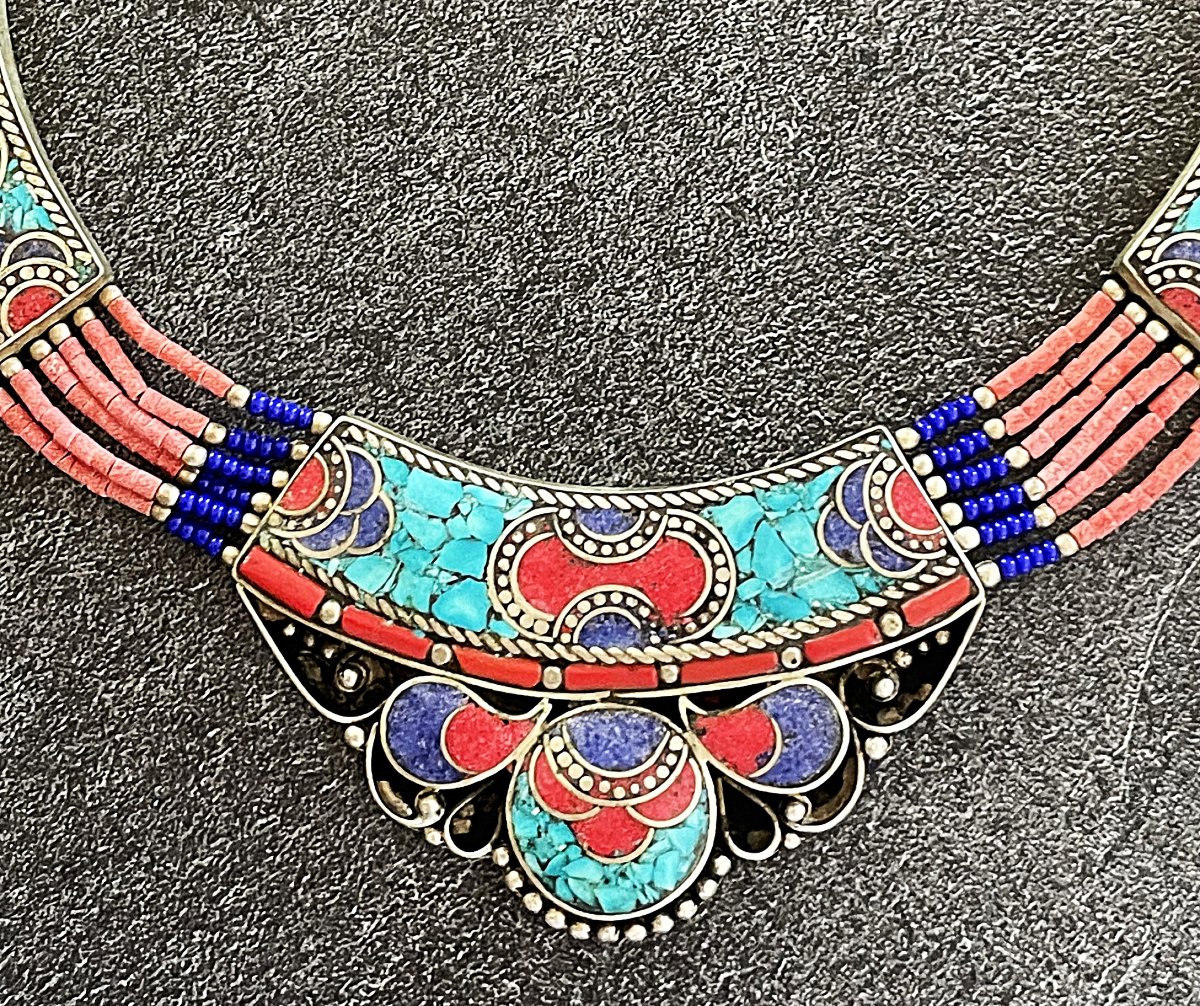 Nepalese Ethnic Necklace - Silver - Coral - Turquoise - Lapis Lazuli - 20th Century-photo-3
