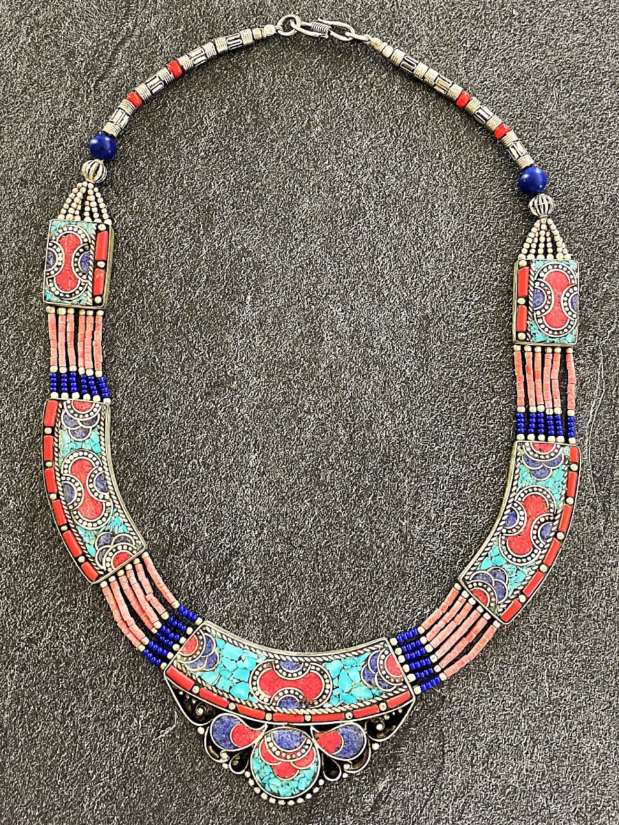 Nepalese Ethnic Necklace - Silver - Coral - Turquoise - Lapis Lazuli - 20th Century
