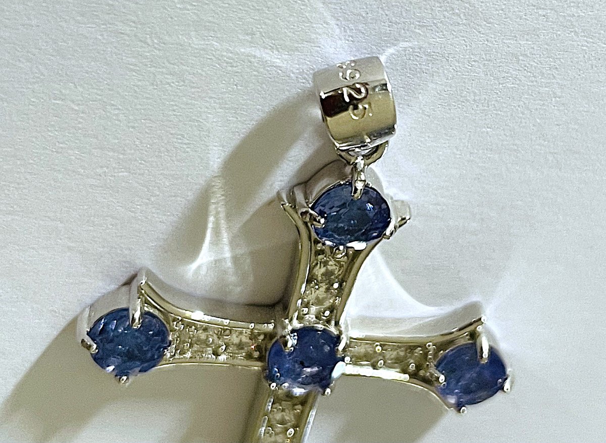 925 Sterling Silver Cross Pendant - Tanzanites - White Gems - 20th Century-photo-3