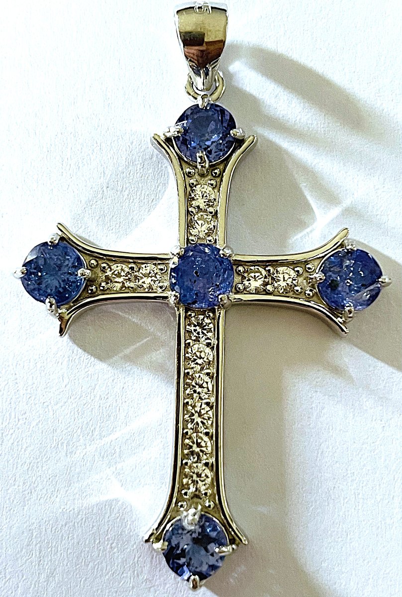 925 Sterling Silver Cross Pendant - Tanzanites - White Gems - 20th Century