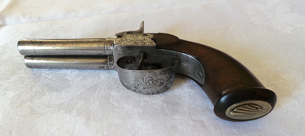 PISTOLET A 2 CANONS EN TABLE A BROCHE - ELG  LIEGE - XIX° -photo-1