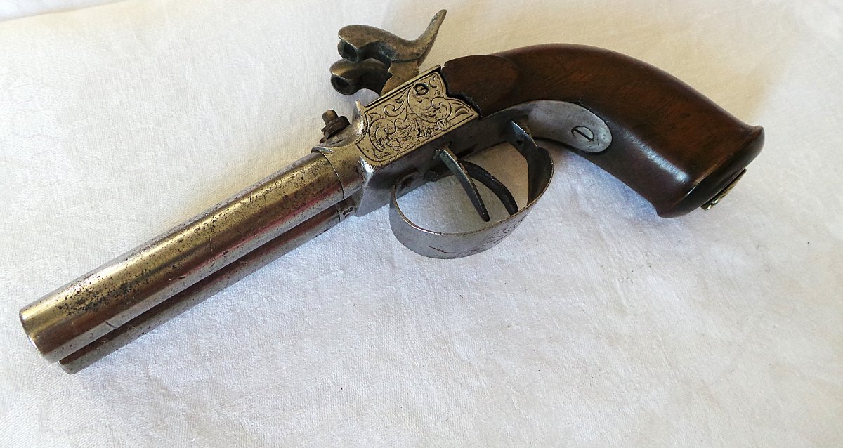 PISTOLET A 2 CANONS EN TABLE A BROCHE - ELG  LIEGE - XIX° -photo-3