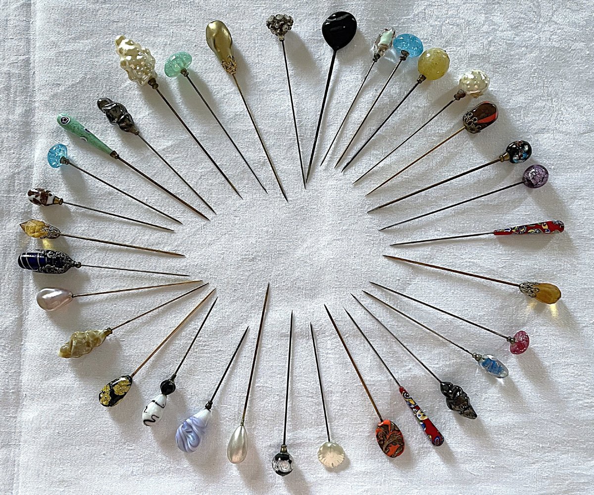 Set Of 33 Hat Pins - Various Shapes And Colors - 19th–20th Centuries 
