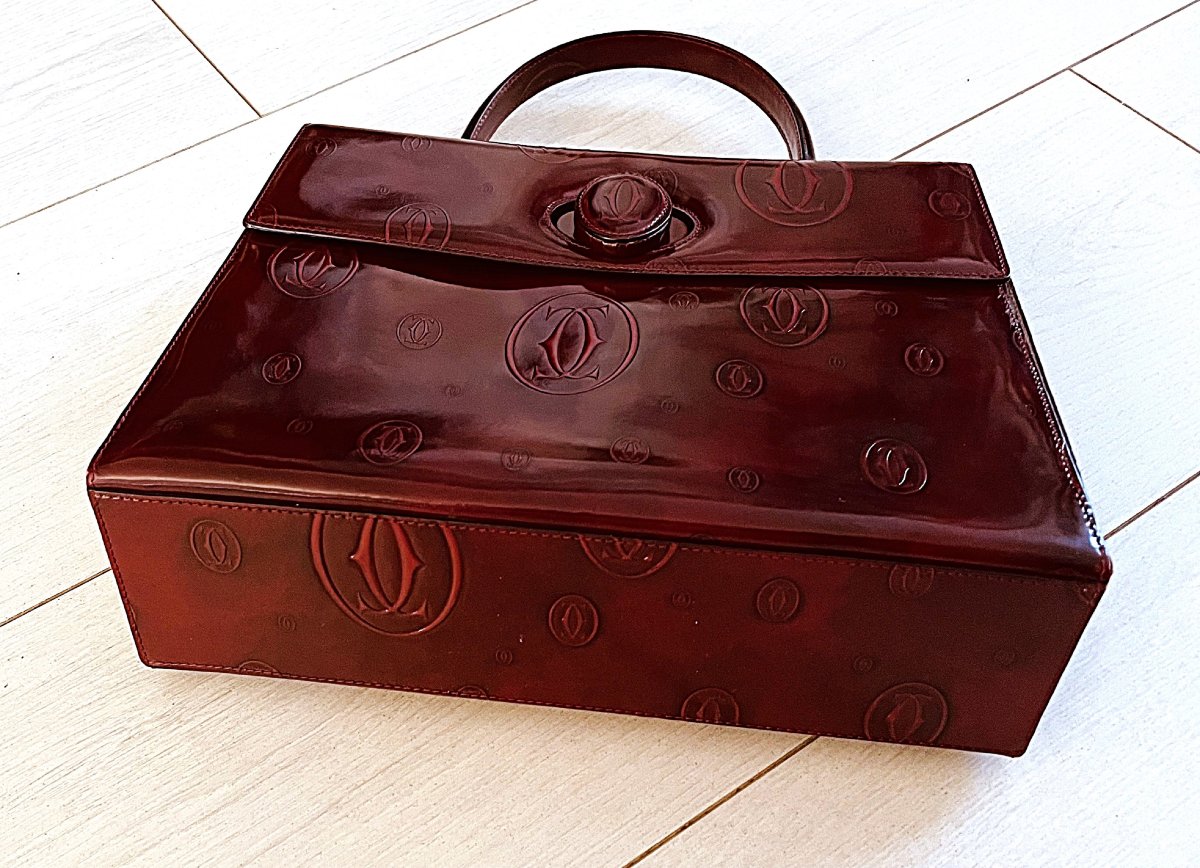 SAC CARTIER " HAPPY BIRTHDAY " -CUIR GLACE BORDEAU - EMBOSSE ALL-OVER- XX°-photo-3