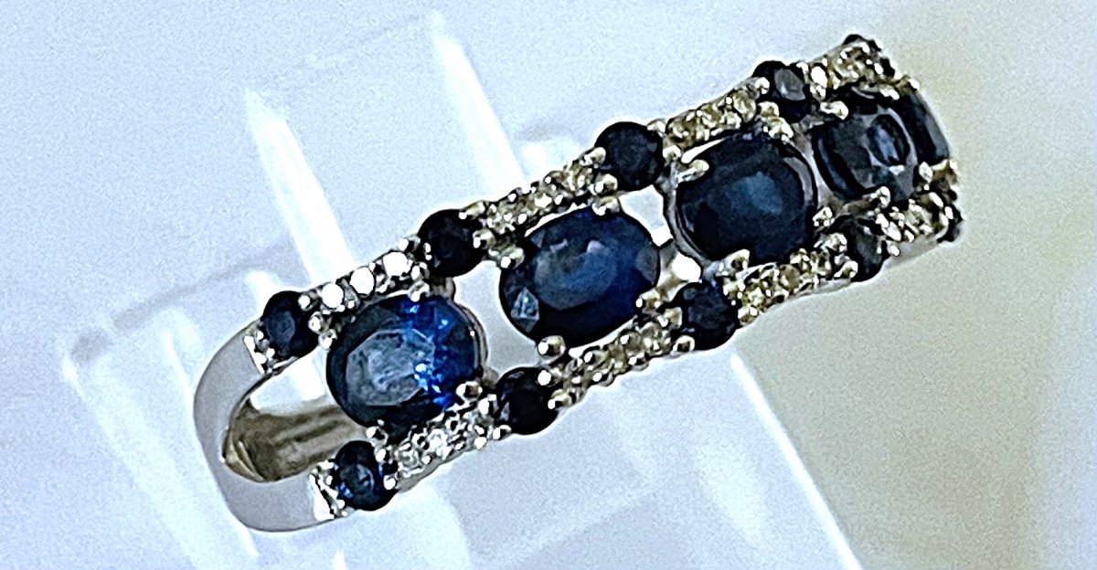 18k White Gold Ring - "sapphire & Diamonds" - 20th Century-photo-4