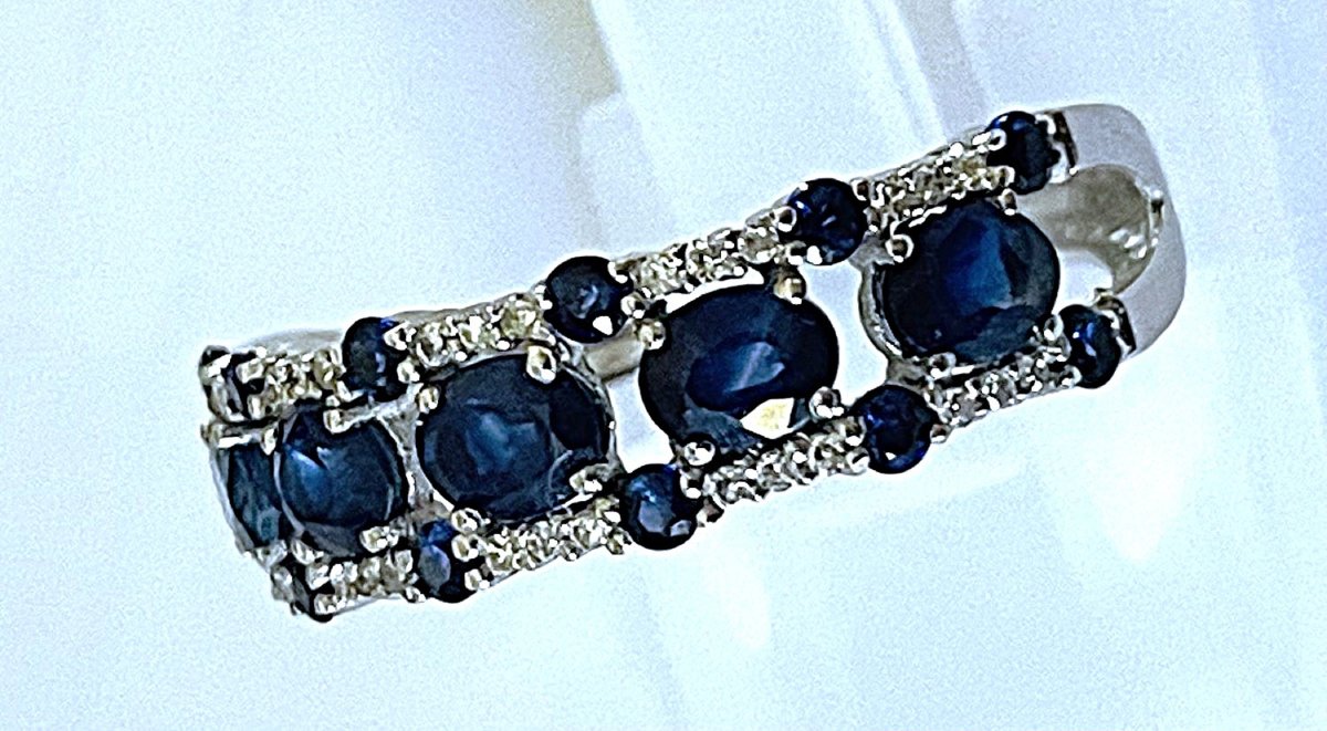 18k White Gold Ring - "sapphire & Diamonds" - 20th Century-photo-2