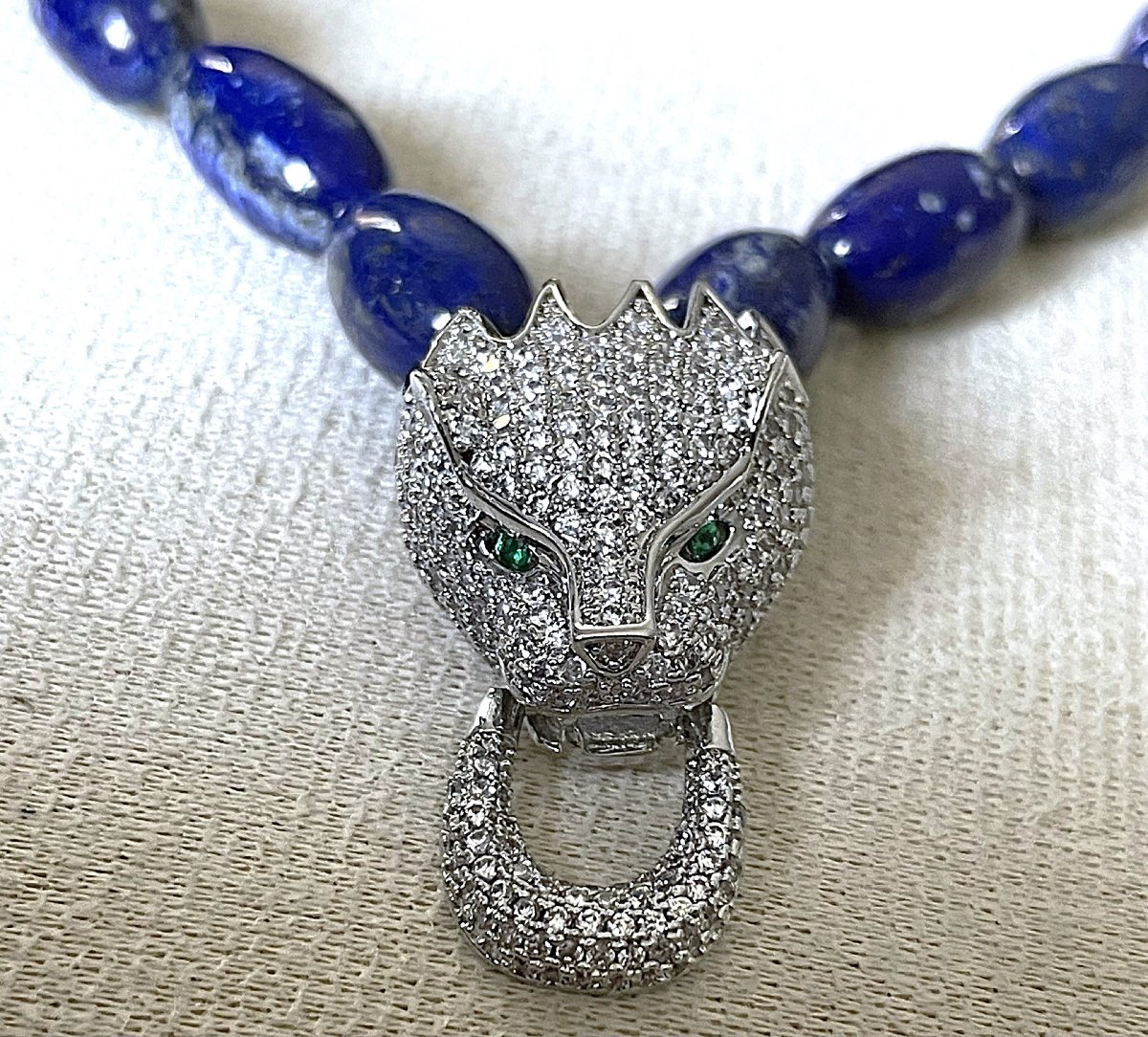 COLLIER RAS DU COU - ARGENT 925 - LAPIS LAZULI & OXYDE DE ZIRCONIUM- TETE DE PANTHERE- XX°-photo-2
