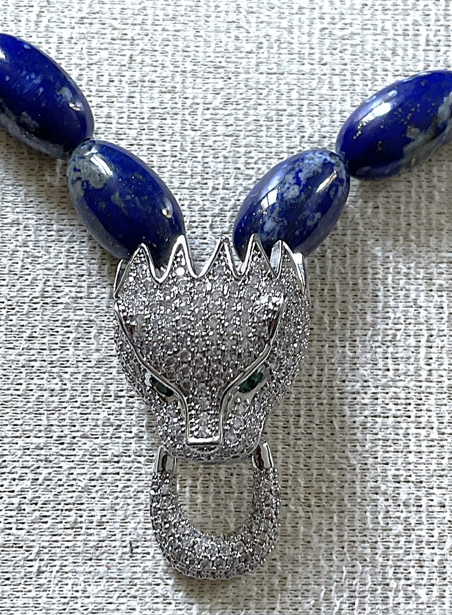 COLLIER RAS DU COU - ARGENT 925 - LAPIS LAZULI & OXYDE DE ZIRCONIUM- TETE DE PANTHERE- XX°-photo-3
