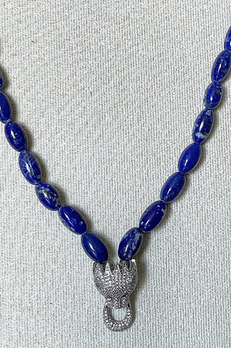 COLLIER RAS DU COU - ARGENT 925 - LAPIS LAZULI & OXYDE DE ZIRCONIUM- TETE DE PANTHERE- XX°-photo-1