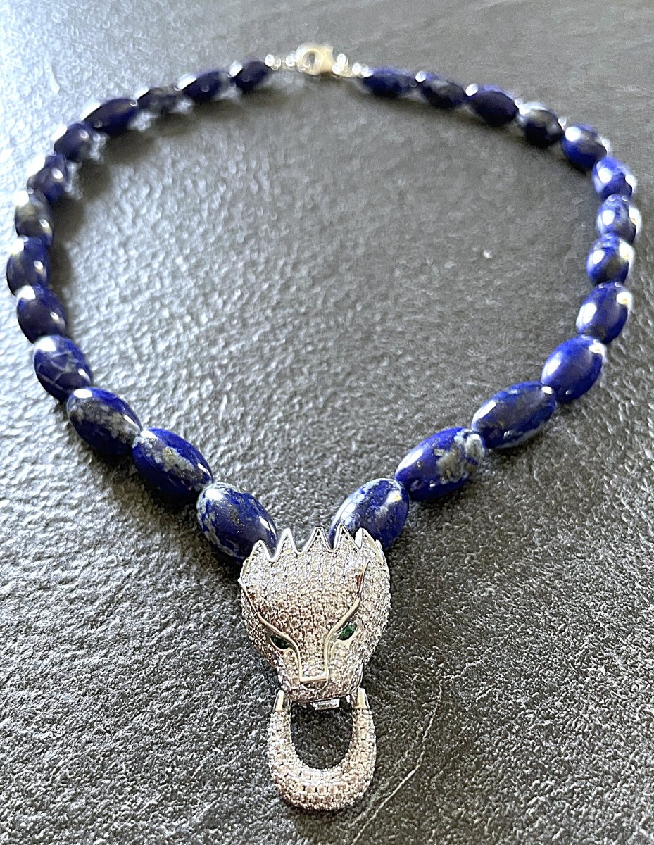 COLLIER RAS DU COU - ARGENT 925 - LAPIS LAZULI & OXYDE DE ZIRCONIUM- TETE DE PANTHERE- XX°