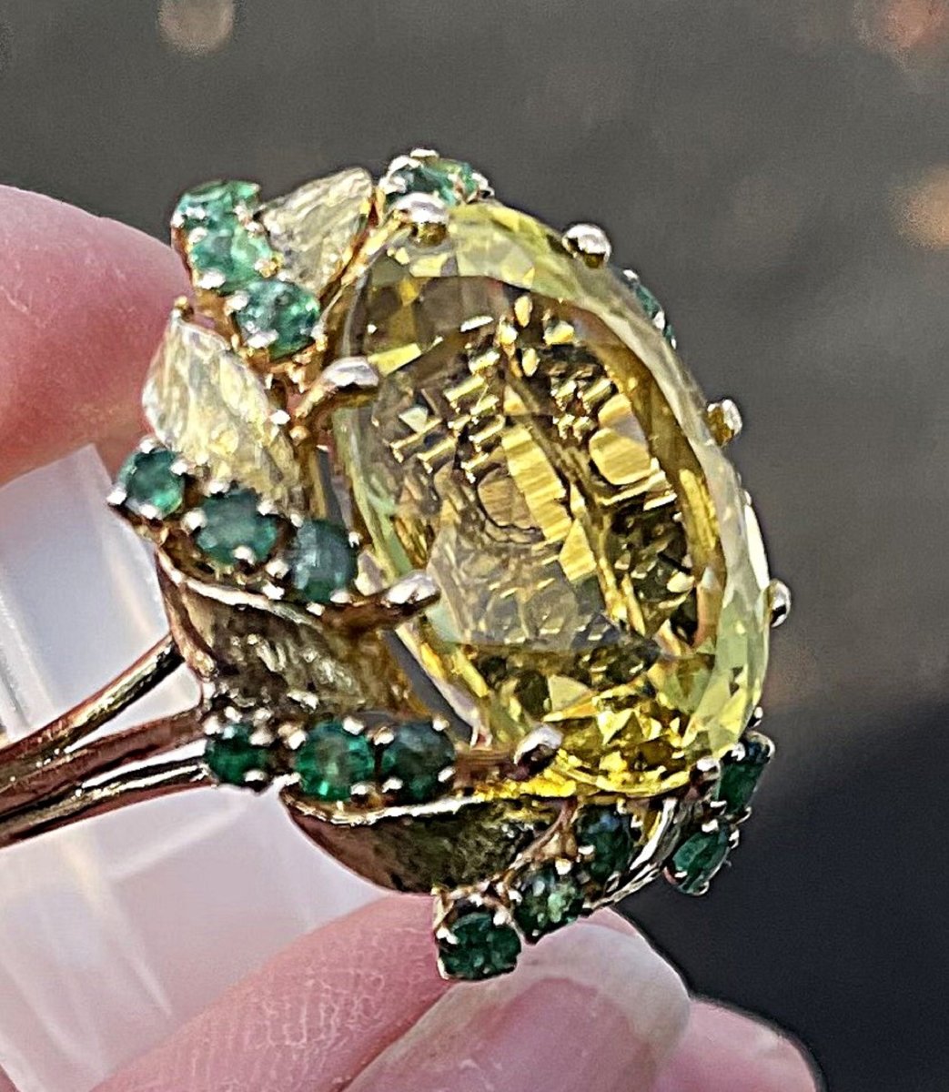 18k Yellow Gold Ring - Citrine & Emeralds - 20th Century-photo-2