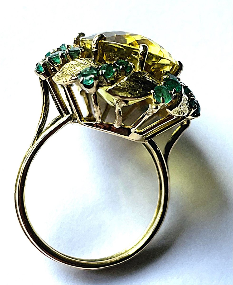 18k Yellow Gold Ring - Citrine & Emeralds - 20th Century-photo-4