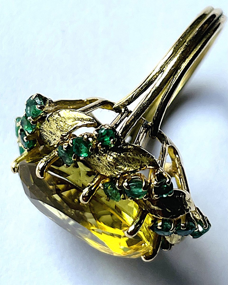 18k Yellow Gold Ring - Citrine & Emeralds - 20th Century-photo-2