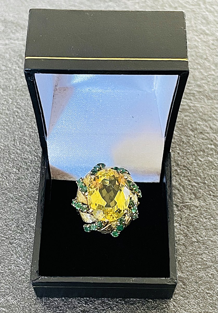 18k Yellow Gold Ring - Citrine & Emeralds - 20th Century