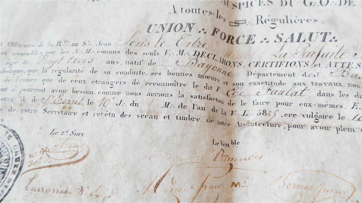 DIPLOME DE MAITRE SUR PARCHEMIN -LOGE LA PARFAITE REUNION - 1825 - XIX°-photo-3