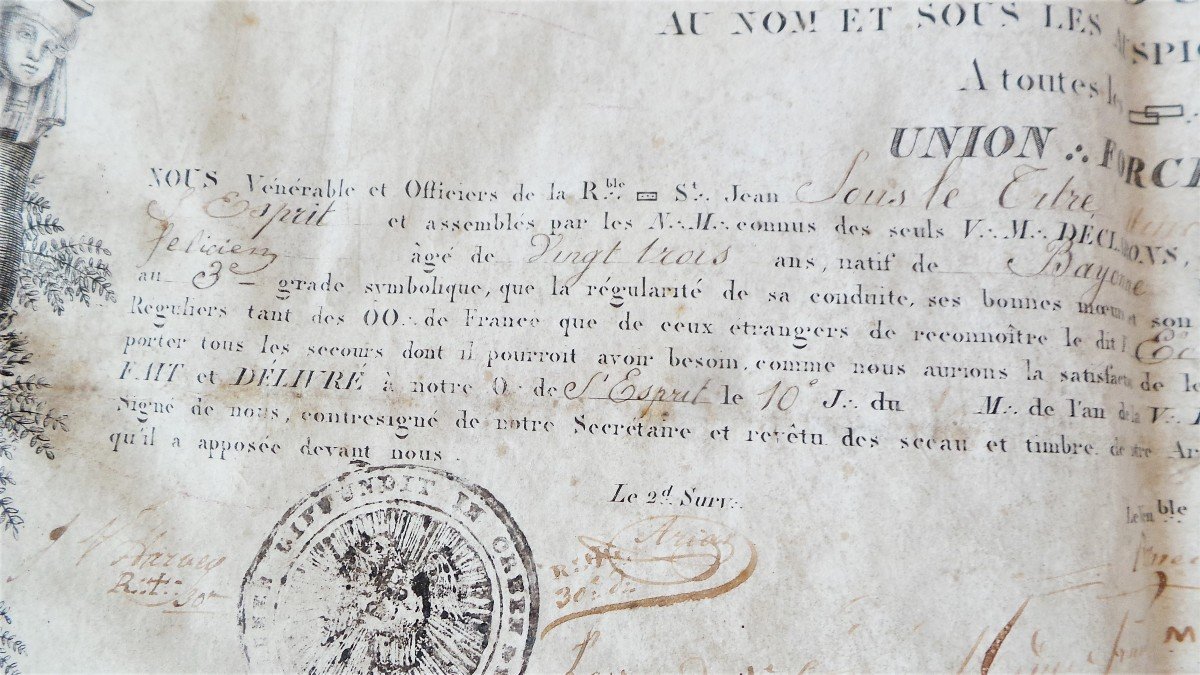 DIPLOME DE MAITRE SUR PARCHEMIN -LOGE LA PARFAITE REUNION - 1825 - XIX°-photo-8