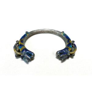 Ethnic People's Bracelet - Yao (asia) - Polychrome Enamel With Facing Ryu Dragon Head - 19th Century