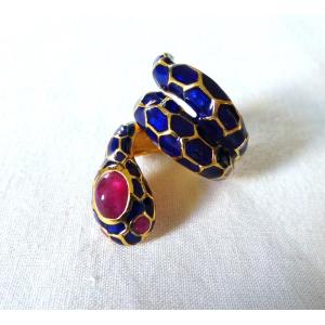 BAGUE SERPENT EN ARGENT VERMEILLE ET EMAILLE CLOISONNEES -(925)