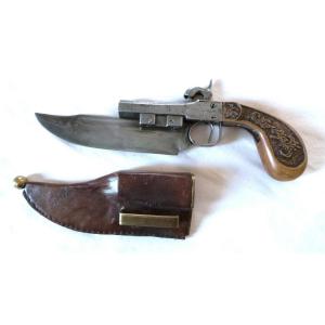 Chest Pistol - Combined Weapon With Bowie Type Fixed Blade - 19th Century