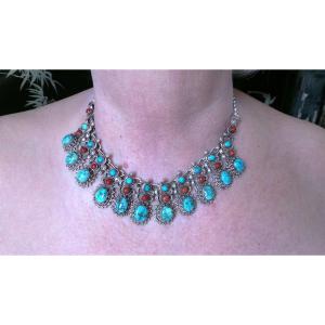 COLLIER AMERINDIENS " NAVAJO " -ARGENT 925 -TURQUOISE-CORAIL -