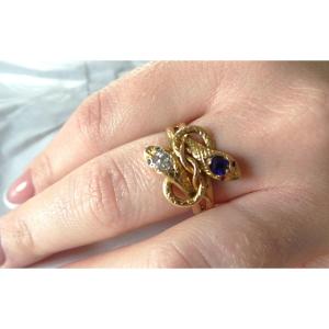 Ring Pair Of Knotted Snakes 18k Gold - Eagle Head - Diamonds - Sapphire - Ruby - Emerald - 