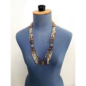 Ethnic "navajo" Necklace - Turquoise & Tourmaline - Usa - 20th Century